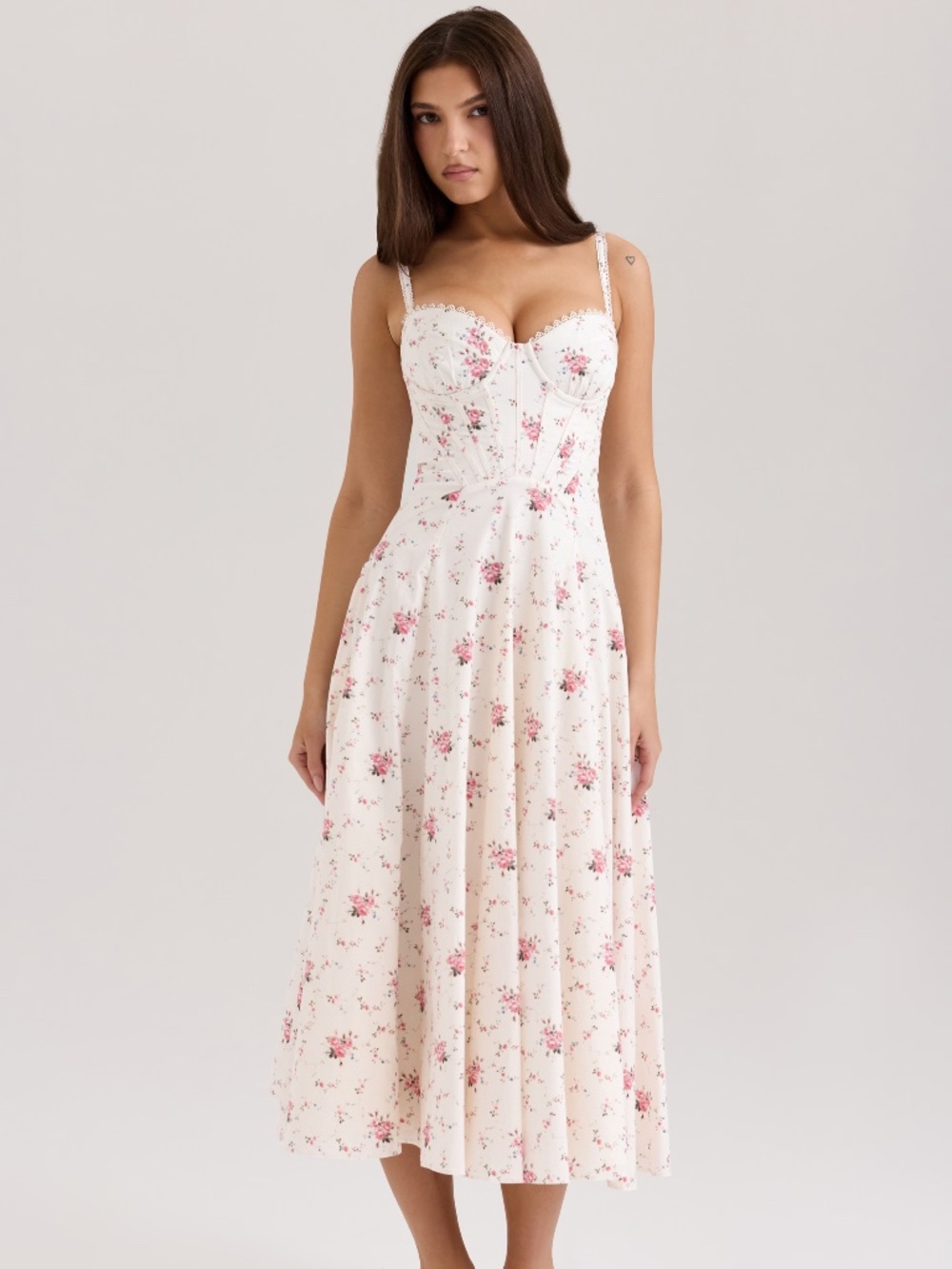 House of CB: Steffani White Stretch Cotton Rose Print Midi Sundress